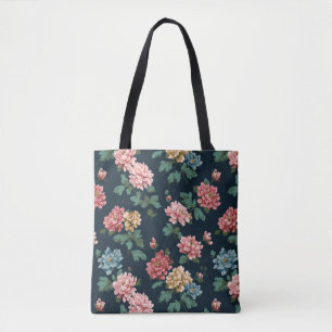  Kleurrijk Pioenenpatroon op Zwarte Achtergrond Tote Bag