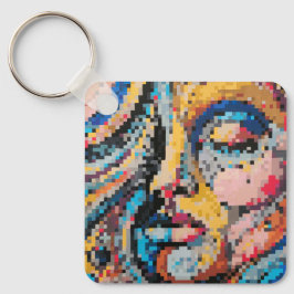 Kleurrijk pixel art gezicht sleutelhanger
