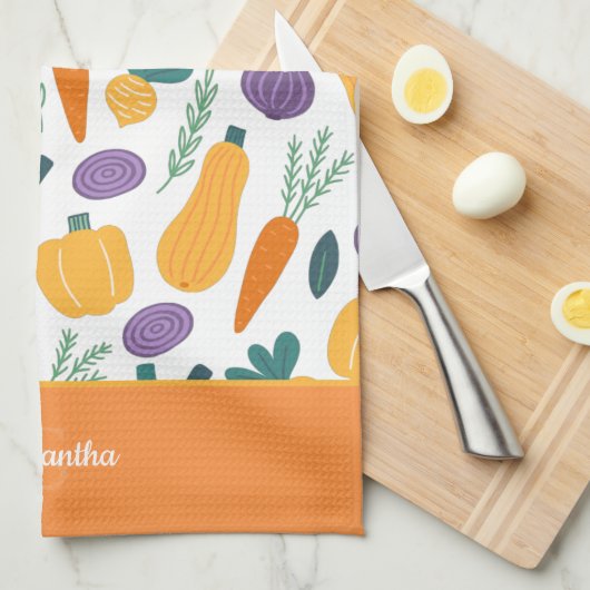 Kleurrijk plantaardig patroon met Oranje naam Theedoek (Quarter Fold)