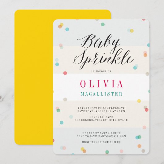 Kleurrijk Plezier Confetti Modern Script Baby Fees Kaart (Voorkant / Achterkant)