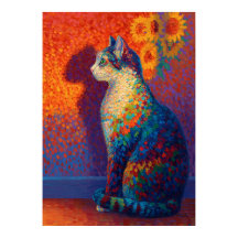 Kleurrijk Pointillisme Kat met Zonnebloemen Kunst