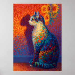 Kleurrijk Pointillisme Kat met Zonnebloemen Kunst Poster