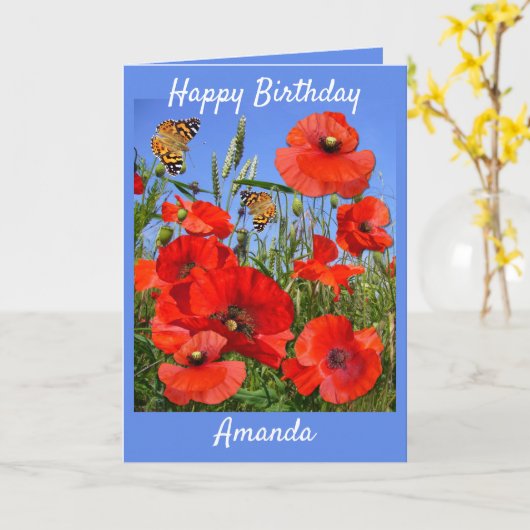 Kleurrijk Poppy Field Aangepaste tekst Verjaardag Kaart (Gele Bloem)