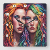 Kleurrijk portret van twee vrouwen met levendig ha vierkante klok (Voorkant)