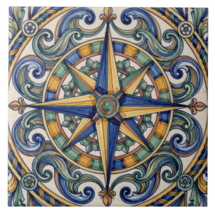 Kleurrijk Portugees Azulejo Kompasroos Medaillon Tegeltje