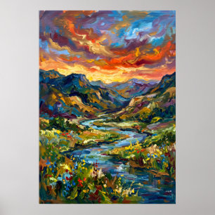 Kleurrijk Poster met Valleilandschap bij Zonsonder