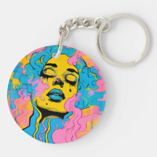 Kleurrijk Psyschedelisch Vrouwenportret Pop Art Pr Sleutelhanger