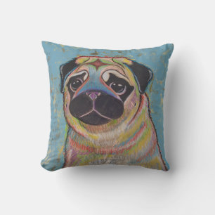 Kleurrijk Pug kussen op blauwe achtergrond