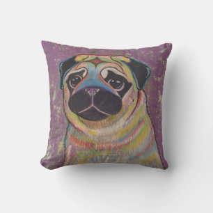 Kleurrijk Pug kussen op paarse achtergrond