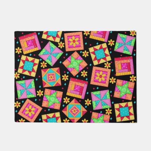 Kleurrijk Quilt Patchwork Blokken zwart - Aangepas Deurmat (Voorkant)