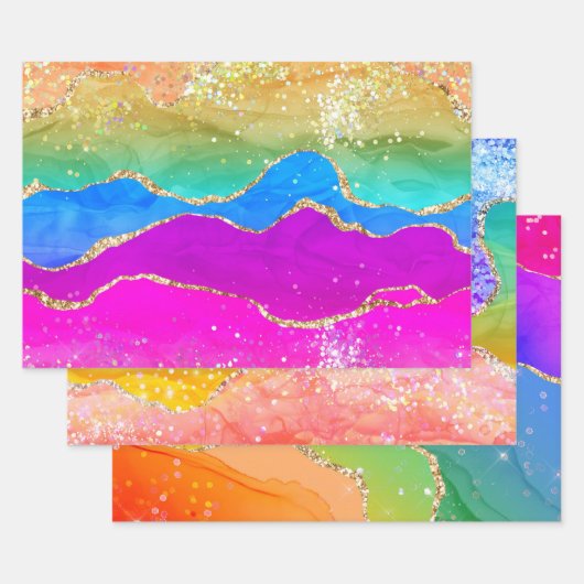 Kleurrijk regenboogmousserend glitter marmer Agate Inpakpapier Vel (Set)
