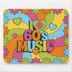 Kleurrijk Retro 60s Muziek Harten Golven en Bloeme Muismat