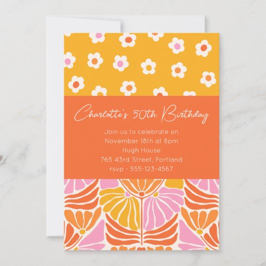 Kleurrijk Retro Bloemen Sinaasappel 50ste Verjaard Kaart (Voorkant)