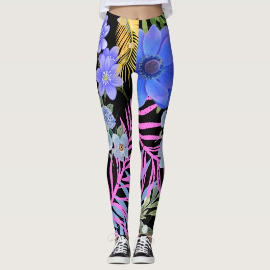 Kleurrijk Retro Bloemen Varen Botanisch Blad Leggings (Voorkant)