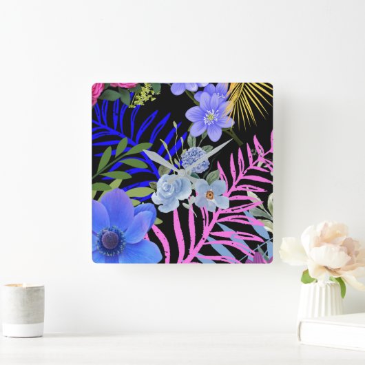 Kleurrijk Retro Bloemen Varen Botanisch Blad Vierkante Klok (Huis)
