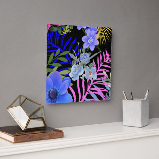 Kleurrijk Retro Bloemen Varen Botanisch Blad Vierkante Klok
