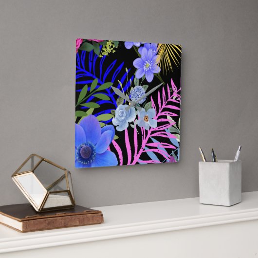 Kleurrijk Retro Bloemen Varen Botanisch Blad Vierkante Klok (Kantoor)