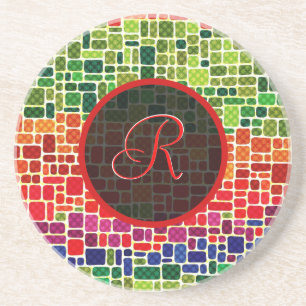 Kleurrijk Retro Geometrisch Patroon-Monogram Zandsteen Onderzetter