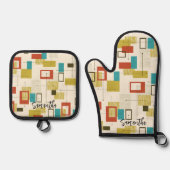 Kleurrijk Retro Mid-Century geometrisch patroon Ovenwant & Pannenlap Set (Voorkant)