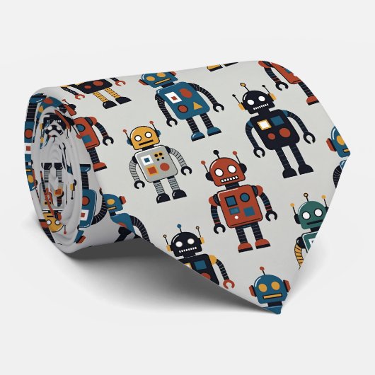 Kleurrijk Retro Robotpatroon Stropdas (Opgerold)