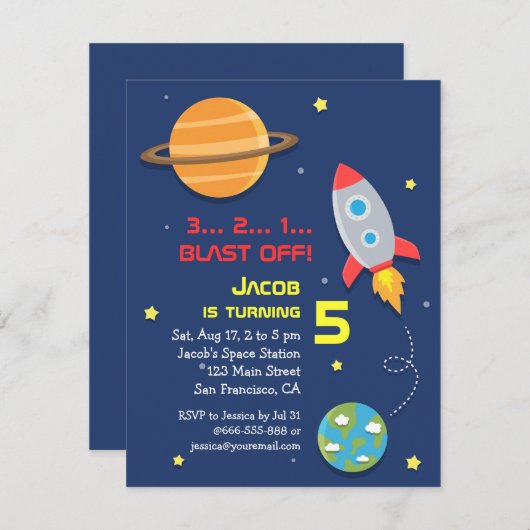 Kleurrijk, Rocket Ship, Space Party, Kinderen van  Kaart (Voorkant / Achterkant)