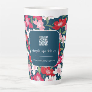 Kleurrijk rood bloemenpatroon QR Code Business Latte Mok