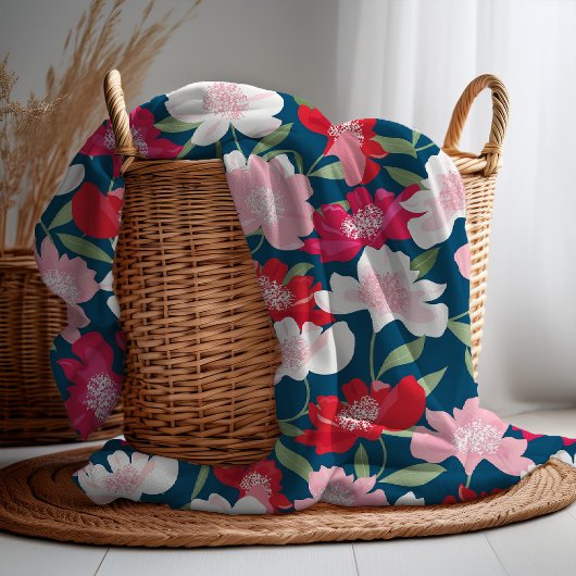 Kleurrijk rood bloemmotief blauw fleece deken