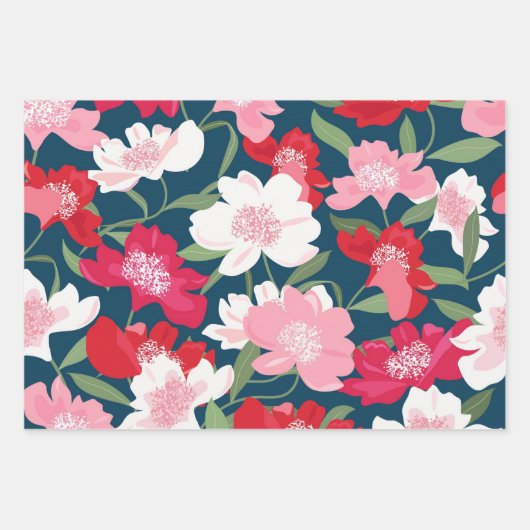 Kleurrijk rood bloemmotief blauw inpakpapier vel (Voorkant 3)