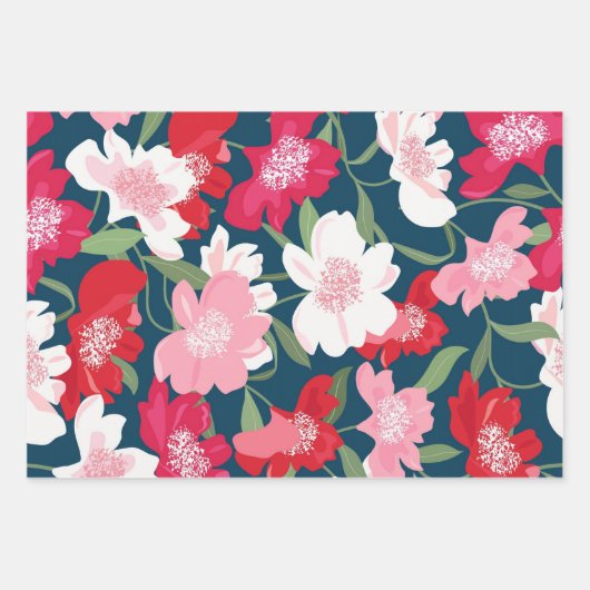 Kleurrijk rood bloemmotief blauw inpakpapier vel (Voorkant 2)