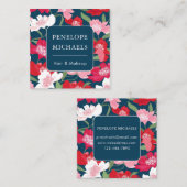 Kleurrijk rood bloemmotief blauw vierkante visitekaartje (Voorkant / Achterkant)