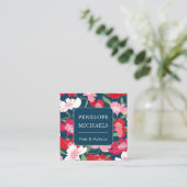 Kleurrijk rood bloemmotief blauw vierkante visitekaartje (Staand voorkant)