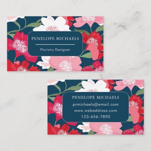 Kleurrijk rood bloemmotief blauw visitekaartje (Voorkant / Achterkant)