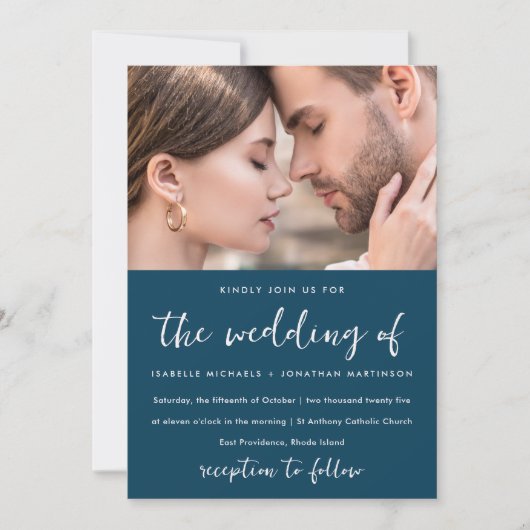 Kleurrijk rood bloemmotief foto bruiloft blauw kaart (Voorkant)