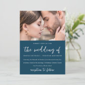 Kleurrijk rood bloemmotief foto bruiloft blauw kaart (Staand voorkant)