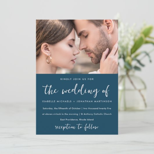 Kleurrijk rood bloemmotief foto bruiloft blauw kaart (Staand voorkant)