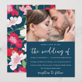 Kleurrijk rood bloemmotief foto bruiloft blauw kaart