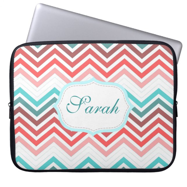 kleurrijk rood, roze, blauw, blauwgroen chevron zi laptop sleeve (Voorkant)