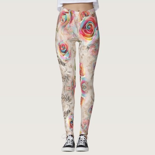 Kleurrijk roos en bloemmotief leggings (Voorkant)