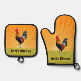 Kleurrijk Rooster Design Ovenwant & Pannenlap Set
