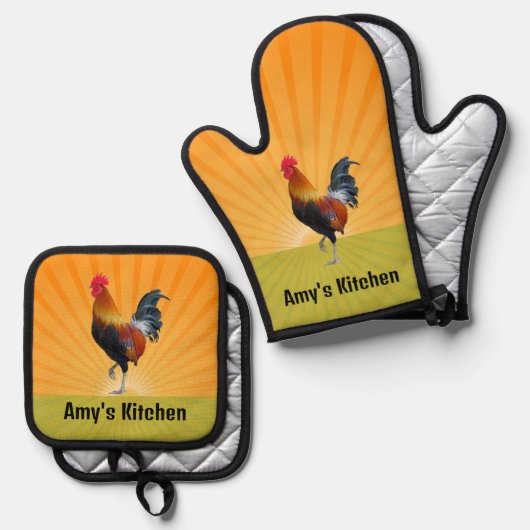 Kleurrijk Rooster Design Ovenwant & Pannenlap Set (Voorkant / Achterkant)