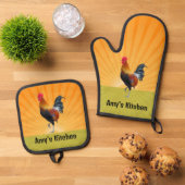 Kleurrijk Rooster Design Ovenwant & Pannenlap Set (Top down)