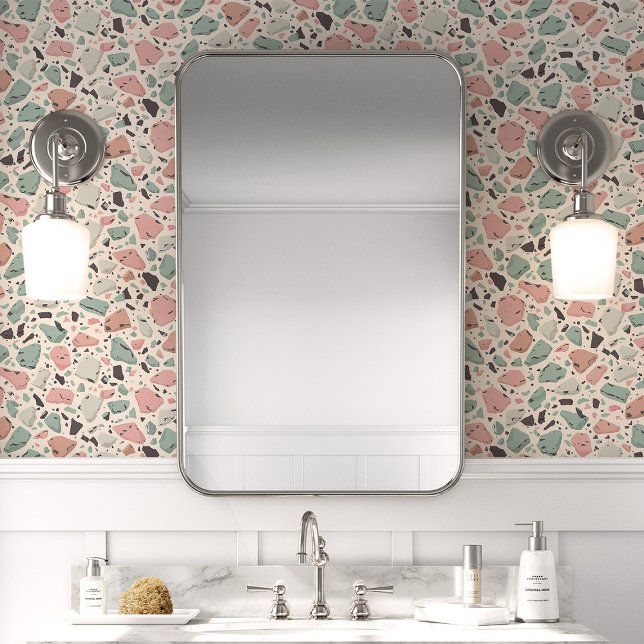 Kleurrijk roze en Blauwgroen terrazzo Behang (Creator heeft geüpload)