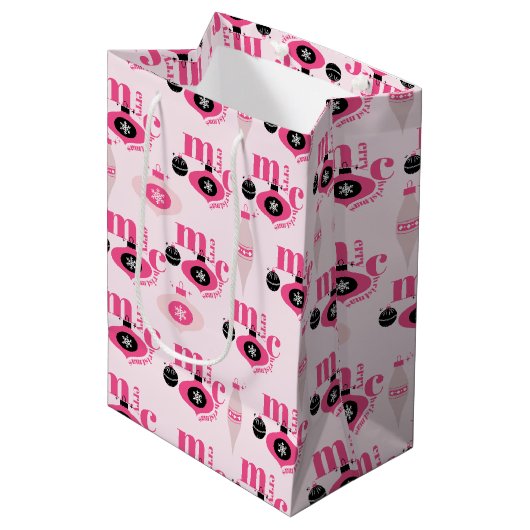 Kleurrijk roze en wit kerst wrapping papier medium cadeauzakje (Voorkant Gekanteld)