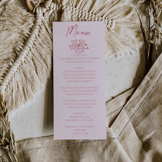 Kleurrijk roze handgetekend bloemend huwelijksmenu menu