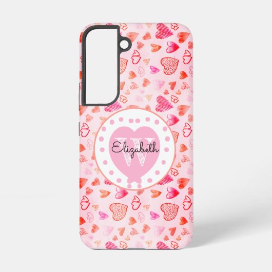 Kleurrijk Roze Hartpatroon Monogram Wit Hart Samsung Galaxy Hoesje (Achterkant)
