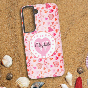 Kleurrijk Roze Hartpatroon Monogram Wit Hart Samsung Galaxy Hoesje