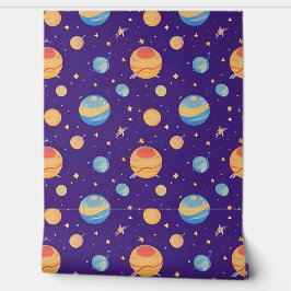 Kleurrijk ruimtepatroon met planeten, sterren behang