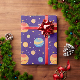 Kleurrijk ruimtepatroon met planeten, sterren cadeaupapier