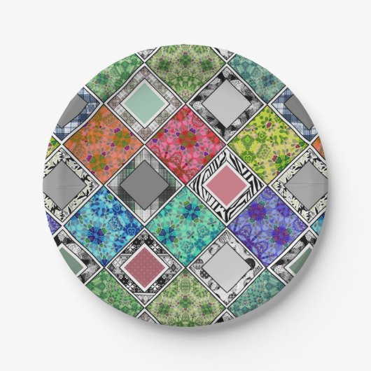 Kleurrijk , rustiek , patchwork , lapjes papieren bordje (Voorkant)