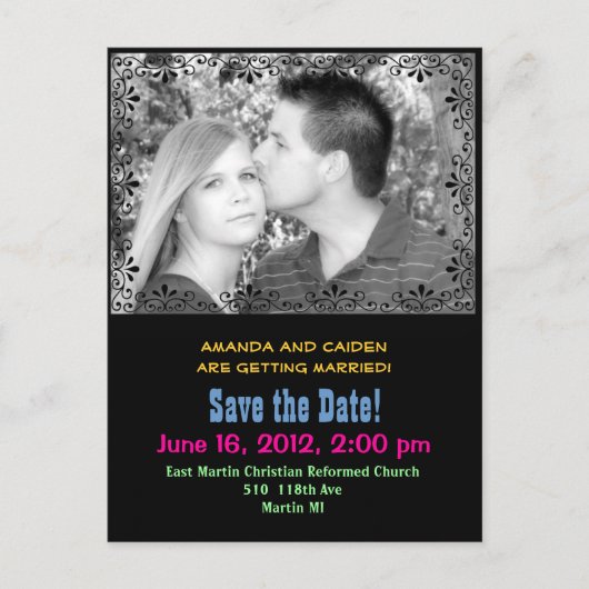 Kleurrijk "save the date" briefkaart (Voorkant)